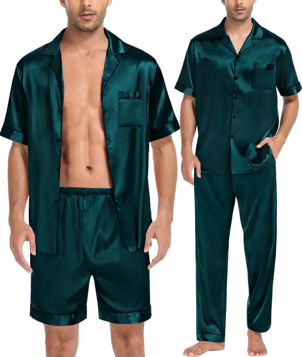 Mens 3pcs Pajamas Set Silk Satin Short Sleeve Sleepwear Button Down Pjs Classic Loungewear Nightwear