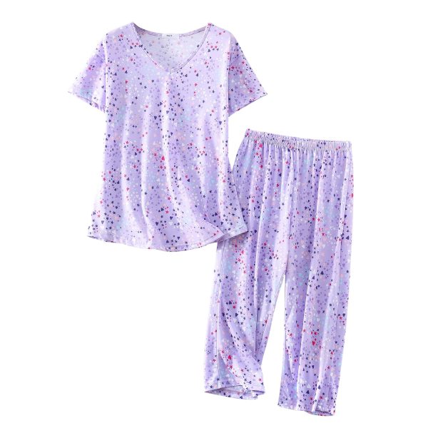 Womens Pajama Sets Plus Size Sleepwear Tops with Capri Pants Cotton Pajamas Set for Women Soft Comfy Cute Pj Sets