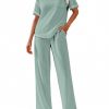 Women Waffle Knit Lounge Sets Short Sleeve Top and Long Pant Pajama Set Loungewear 2 Piece Pjs Set with Pockets