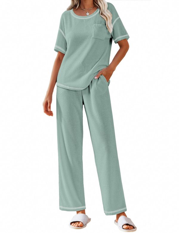 Women Waffle Knit Lounge Sets Short Sleeve Top and Long Pant Pajama Set Loungewear 2 Piece Pjs Set with Pockets