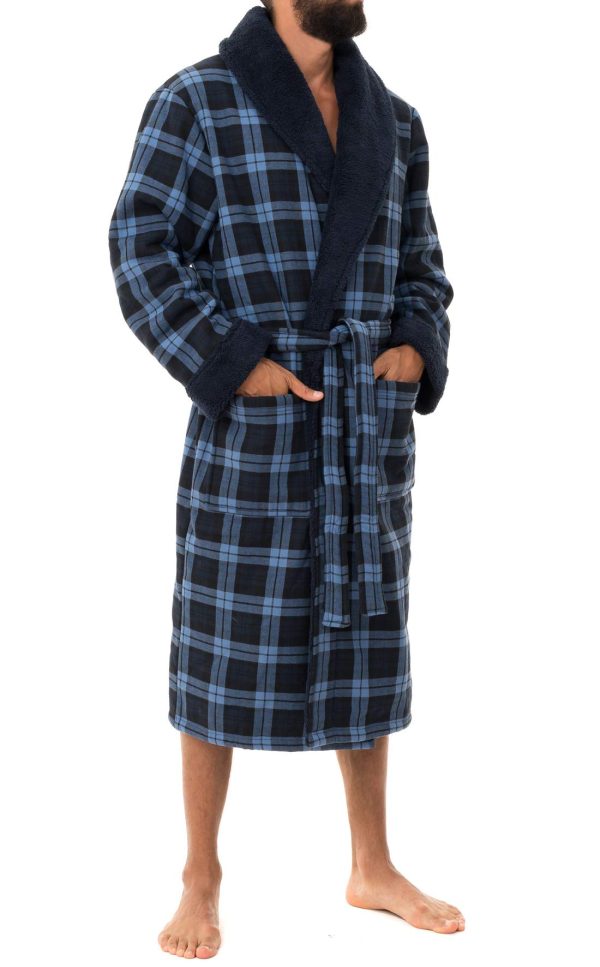 Men's Bonded Fleece Robe, Blue Check