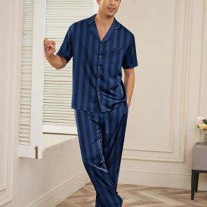 Men Satin Silk Pajamas Set 2 Piece Button Down Sleepwear Long Pants Loungewear with Pockets