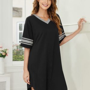 Womens Nightgown Cotton Sleepwear Short Sleeve Sleep Shirt V Neck Color Block Nightshirt
