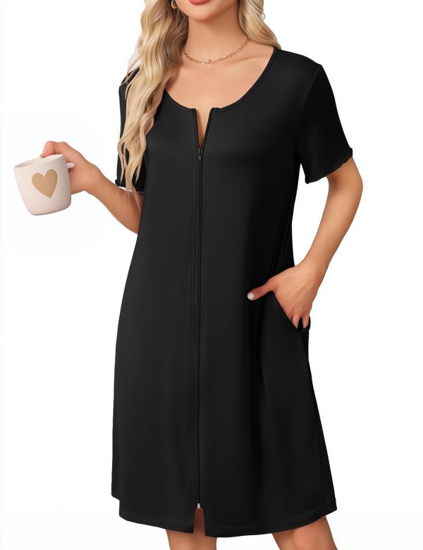 Womens' Zipper Robe Short Sleeve Bathrobes Summer Sleepwear Soft Housecoat with Pockets Zip Up House Robes S-3XL