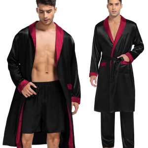Men's 3 Pcs Robe Silk Satin Kimono Bathrobe with Shorts&Pants Set Lightweight Soft Sleepwear