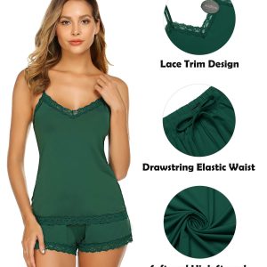 Women Cami Pajama Set Modal Sleepwear Lace Trim Short PJ Set with Shorts
