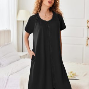Zipper Robes for Women Short Sleeves Knit Bathrobes Knee Length Soft Lace Trim Loungewear with Pockets S-3XL