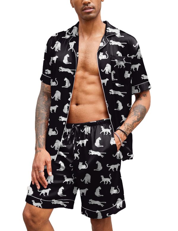 Mens Satin Pajamas Set Button-Down Short Sleeve Shirt Top Soft Silk Sleepwear Loose Pocket Pant Loungewear