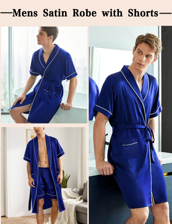 Men's Satin Robe with Shorts Set Silky Short Sleeve Kimono Bathrobe Lightweight Soft Sleepwear