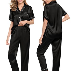 Couples Pajamas Sets Women & Men Satin Short Sleeve Sleepwear Button Down Loungewear Pjs Set with Long Pants