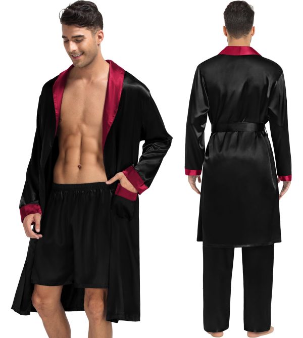 Men's 3 Pcs Robe Silk Satin Kimono Bathrobe with Shorts&Pants Set Lightweight Soft Sleepwear