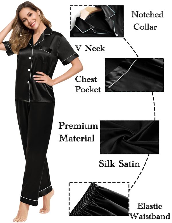 Couples Pajamas Sets Women & Men Satin Short Sleeve Sleepwear Button Down Loungewear Pjs Set with Long Pants
