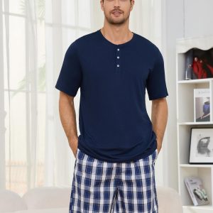 Mens Pajama Set Short Sleeve, Pajamas Made from Bamboo Pulp Viscose and Cotton Lightweight PJS for Men