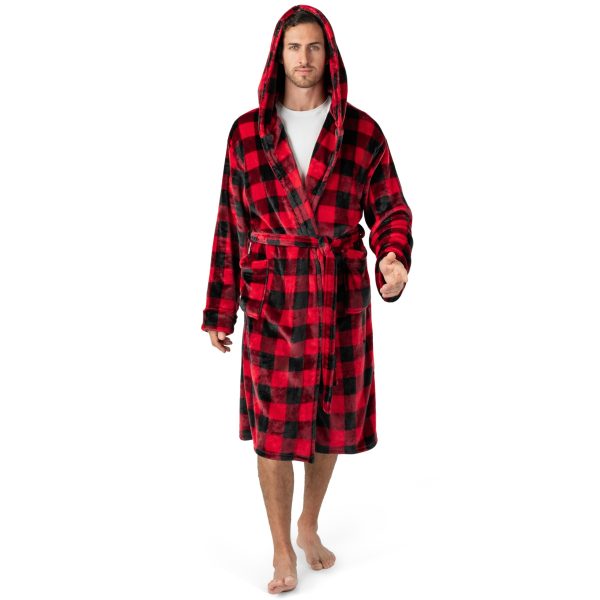 Mens Robe, Hooded Fleece Bathrobe for Men, Plush Long Warm Robe for Male Bath Spa