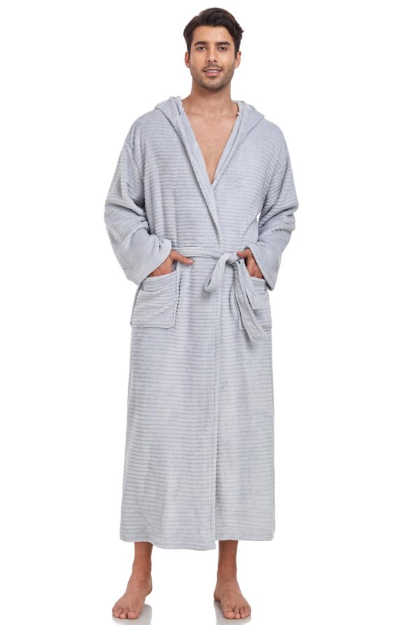 Mens Fleece Robe Hooded Plush Full Length Plush Bathrobe Warm House Robe