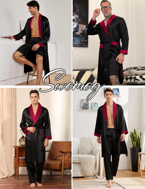 Men's 3 Pcs Robe Silk Satin Kimono Bathrobe with Shorts&Pants Set Lightweight Soft Sleepwear