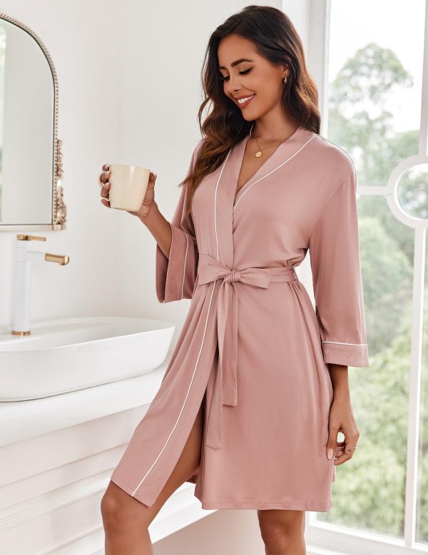 Women Kimono Robes Knee Length Knit Bathrobe Lightweight Soft Sleepwear V-neck Casual Ladies Loungewear