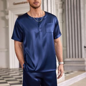 Men Silk Pajamas Set 2 Piece Pjs Soft Satin Sleepwear Shorts Button Down Tops Loungewear with Pockets