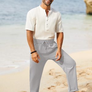 Mens Cotton Linen Drawstring Pants Elastic Waist Casual Jogger Yoga Pants