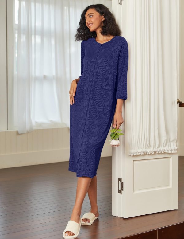 Zipper Robes for Women Ribbed Knit Bathrobe Lightweight Full Length Loungewear with Pockets S-3XL