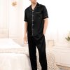 Mens Satin Silky Pajama Set Short Sleeve Classic Sleepwear Button Down Loungewear with Long Pants