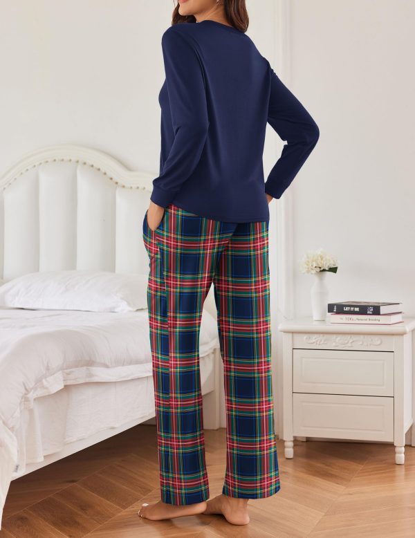 Womens 2 Piece Pajama Set Long Sleeve PJs with Plaid Pants Drawstring Elastic Waist Sleepwear Lounge Set