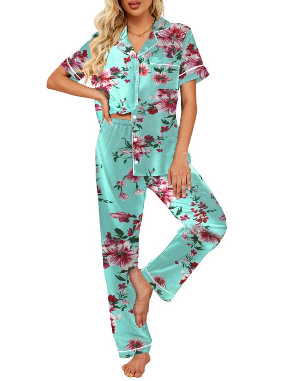 Silk Satin Pajamas Set Women Short Sleeve Sleepwear Soft Button Down Loungewear Pjs Set
