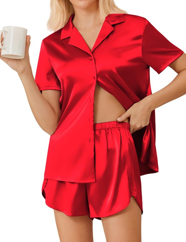 Silk Pajama Sets Womens Short Sleeve Sleepwear Satin 2 Piece Button Down Loungewear Pjs Shorts Set S-XXL