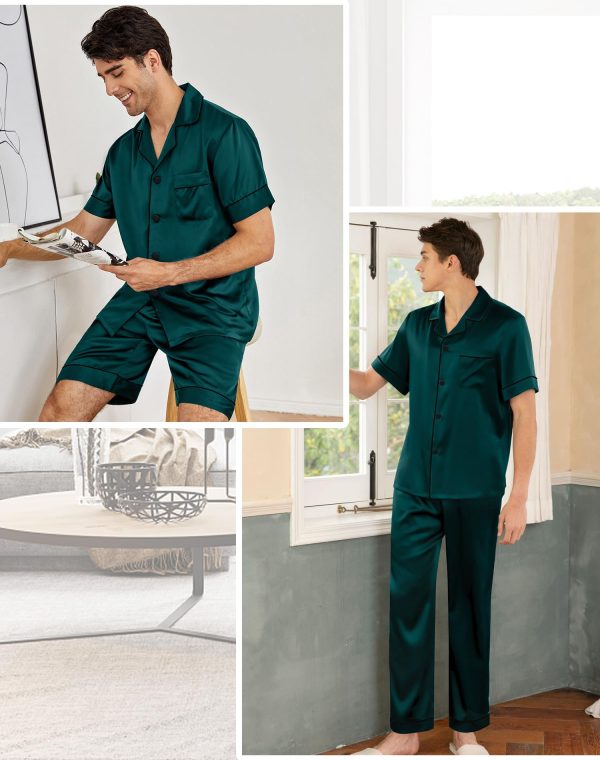 Mens 3pcs Pajamas Set Silk Satin Short Sleeve Sleepwear Button Down Pjs Classic Loungewear Nightwear