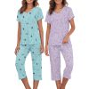 2 Pack Cotton Pajamas for Women Set Two Piece Short Sleeve Sleepwear Tops with Capri Pants Summer Pj Set