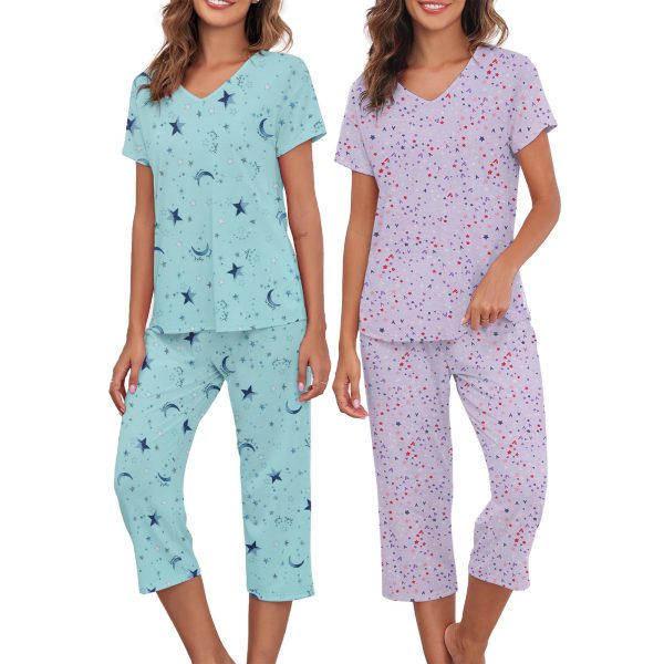 2 Pack Cotton Pajamas for Women Set Two Piece Short Sleeve Sleepwear Tops with Capri Pants Summer Pj Set