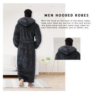 Mens Long Robes with Hood Full Length Hooded Bathrobe Fleece Plush Fluffy Housecoat Nightgown