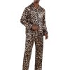 Men's Satin Leopard Lapel Neck Button Down Long Sleeve Top and Pants 2 Piece Pajama Set