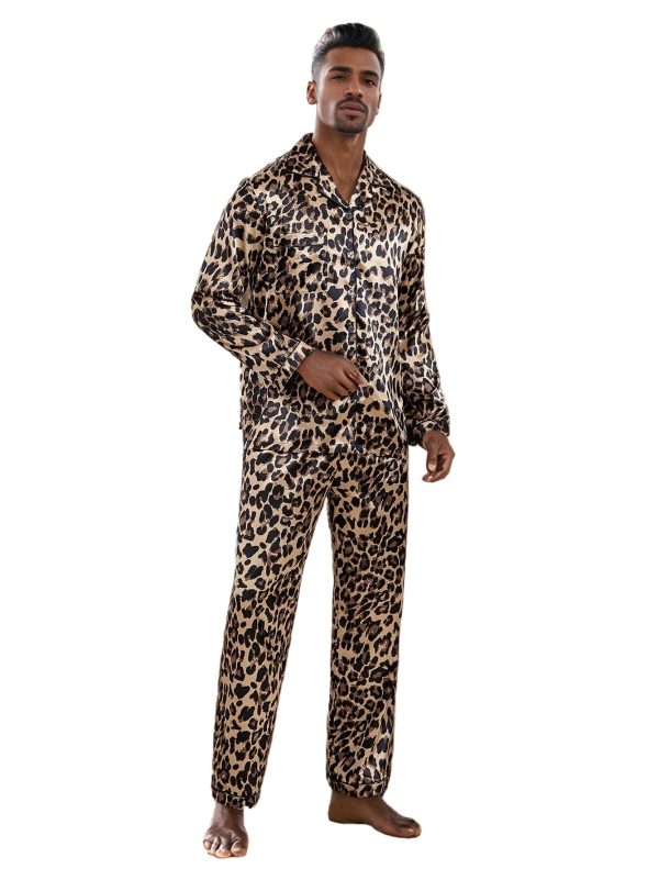 Men's Satin Leopard Lapel Neck Button Down Long Sleeve Top and Pants 2 Piece Pajama Set