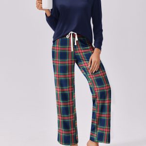 Womens 2 Piece Pajama Set Long Sleeve PJs with Plaid Pants Drawstring Elastic Waist Sleepwear Lounge Set
