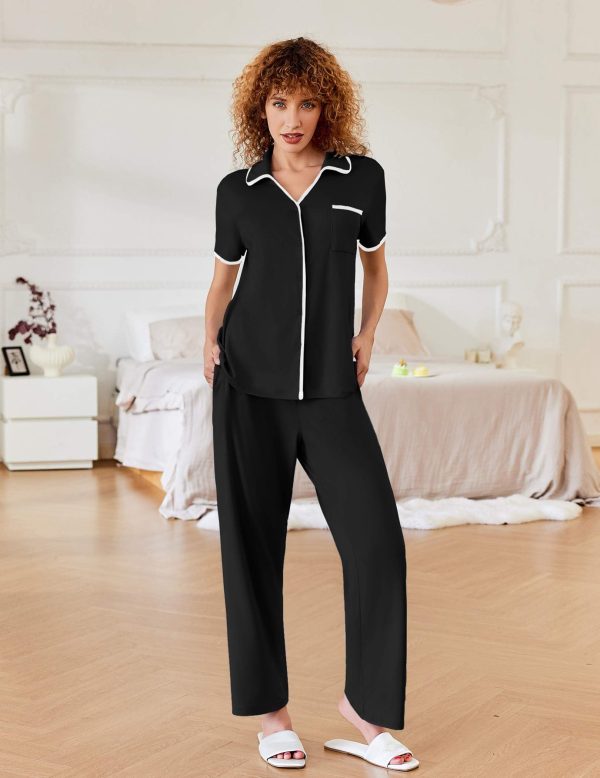 Women Pajamas Button Down Notch Collar Soft Short Sleeve Pjs with Long Pant Lounge Set