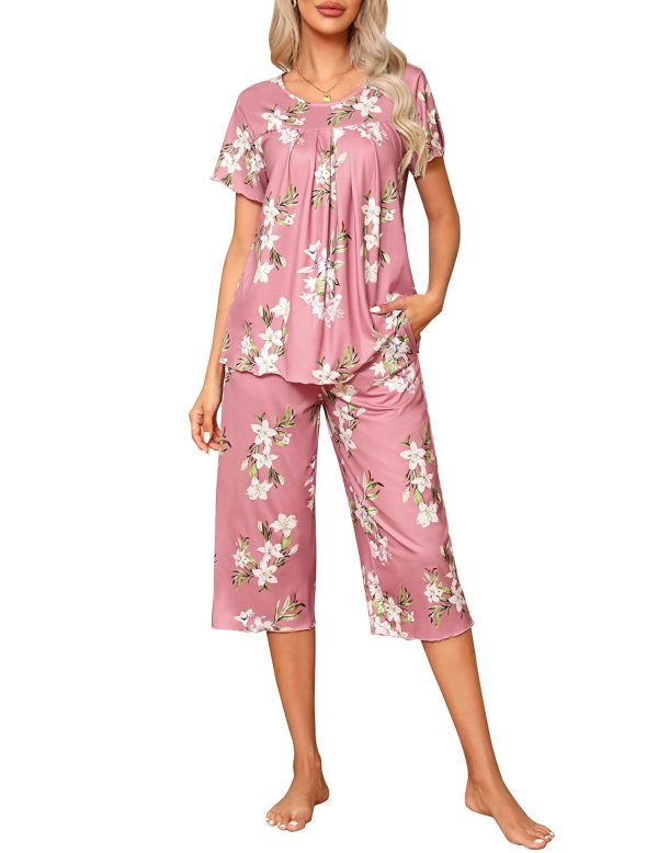 Pajama Set for Women 2 Piece Capri Pants Short Sleeve Top Sleepwear Soft Pjs Loungewear with Pockets S-3XL