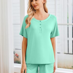 Womens Pajamas Set Short Sleeve Sleepwear 2 Piece Lounge Sets with Pockets S-XXL