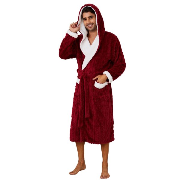 Mens Robe with Hood,Full Length Plush Robe for Men Thick Fleece Bathrobe