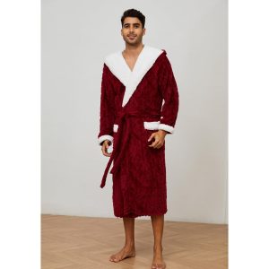 Mens Robe with Hood,Full Length Plush Robe for Men Thick Fleece Bathrobe