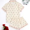 Women's 2 Piece Pajama Set Matching Pjs Sets Cute Printed Sleepwear Button Up Shirt with Lounge Shorts Set
