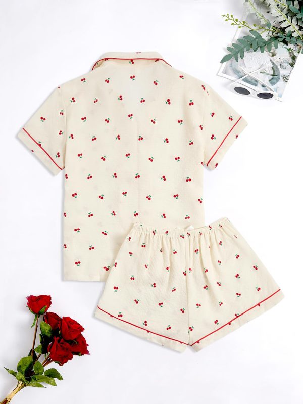 Women's 2 Piece Pajama Set Matching Pjs Sets Cute Printed Sleepwear Button Up Shirt with Lounge Shorts Set