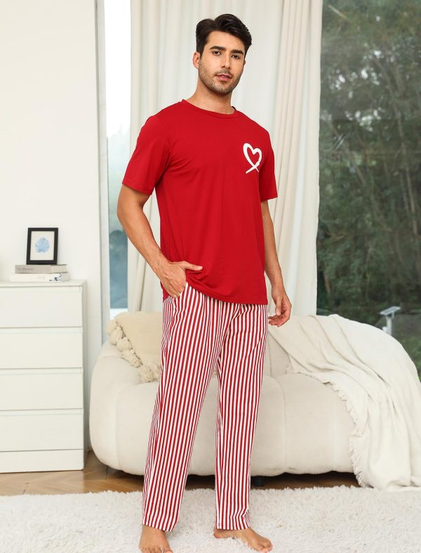 Cotton Matching Pajamas for Couples Cute Printed Short Sleeve Top & Long Pants Sleepwear Pjs Sets