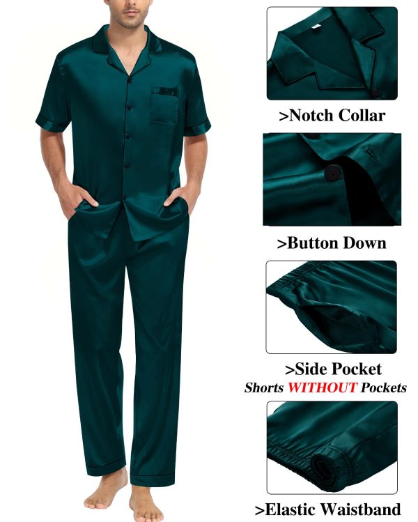 Mens 3pcs Pajamas Set Silk Satin Short Sleeve Sleepwear Button Down Pjs Classic Loungewear Nightwear