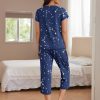 Womens Pajama Set Short Sleeve Sleepwear Pleated Floral Pjs Set Capri Pants Lounge Sets with Pockets S-XXL