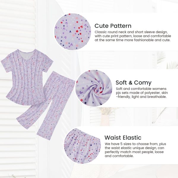 2 Pack Cotton Pajamas for Women Set Two Piece Short Sleeve Sleepwear Tops with Capri Pants Summer Pj Set