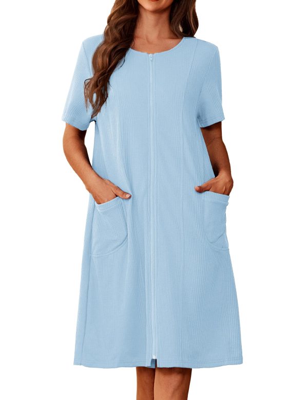 Zipper Robes for Women Short Sleeve Waffle Knit Bathrobe Lightweight House Coat with Pockets Soft Loungwear 3-3XL