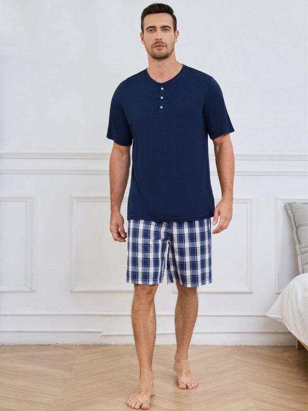 Mens Pajama Set Short Sleeve, Pajamas Made from Bamboo Pulp Viscose and Cotton Lightweight PJS for Men