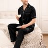 Mens Satin Silky Pajama Set Short Sleeve Classic Sleepwear Button Down Loungewear with Long Pants