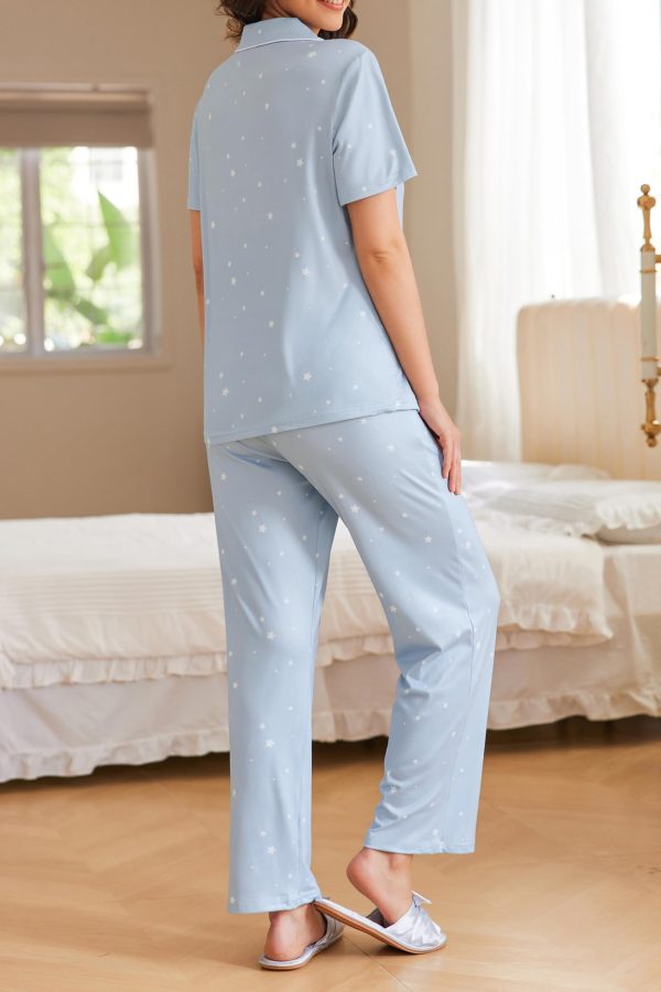 Womens Pajamas Set Plaid PJs Soft Button Down Sleepwear Short Sleeve Nightwear with Long Pants